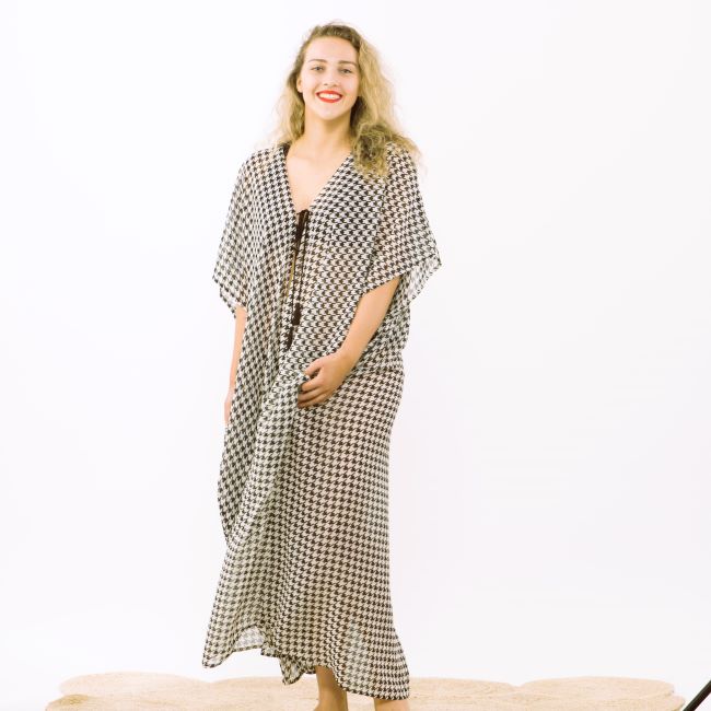 Tie Wrap Dress - B&W Houndstooth - Image 3